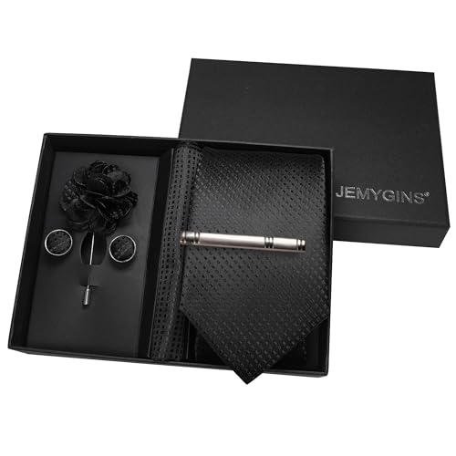 JEMYGINS Mens Tie and Pocket Square,Lapel Pin,Cufflinks,Tie Clip Sets with Gift Box 5PCS