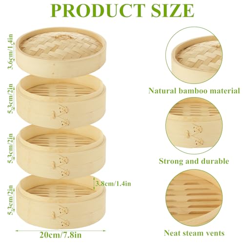 LOPYXBR Bamboo Steamer Basket 8 inch, Dumpling Steamer Basket Bamboo Steamers 3 Tier, Steaming Basket with Lid, Dim Sum Steamers 8 inches for Vegetables, Dumpling, Meat and Fish(20cm) - Image 3
