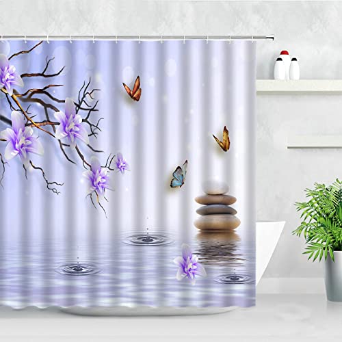 Violet Floral Rideau de Douche Ensemble Papillon Fleur Zen Pierre Paysage Moderne Salle de Bain décor imperméable Rideaux de Bain 100x190cm Cover