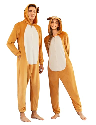 Ekouaer Tier Jumpsuit Kostüm mit Reißverschluss & Kapuzen Fleece Onesie Schlafanzug Fasching Halloween Cosplay Karneval Einteiler (Herren, Damen,...