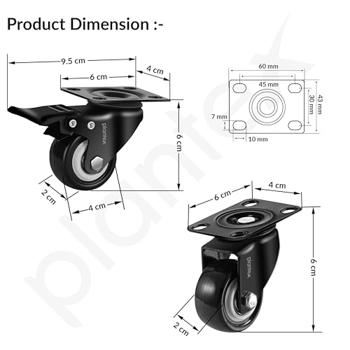 Image of Plantex 1.5 Inch Caster Wheel /Heavy Duty Soft PU Swivel Caster Wheels with 360 Degree No Noise /Wheels for Furniture /Trolley Cart /Sofa /Table - Black - Set of 4 (2 with Brakes & 2 Without)
