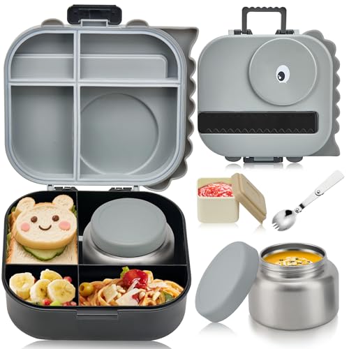 Image of Pawtong Bento Lunch Box with Thermo, 4-Compartment Bento Box with Adjustable Dividers, Leakproof Dinosaur Lunch Box with 14.2OZ Insulated Food Jar & Sauce Jar, for School Office Travel(Grey)