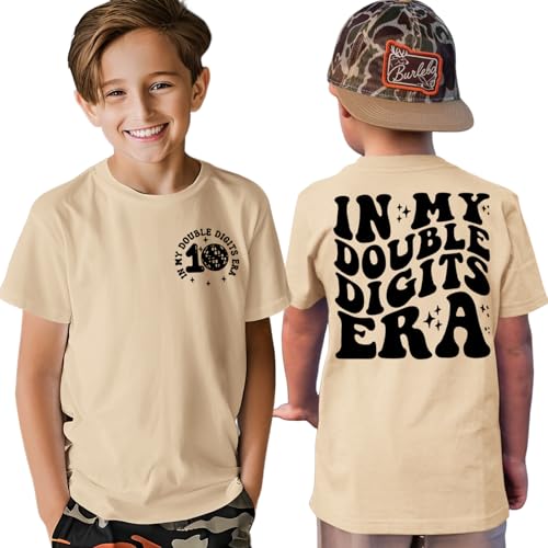 BOUTIKOME in My Double Digits Era Shirts Boys Birthday T-Shirt 10 Years Old Tees 10th Tops Ten Birthday Party Outfits(Beige-10Y)