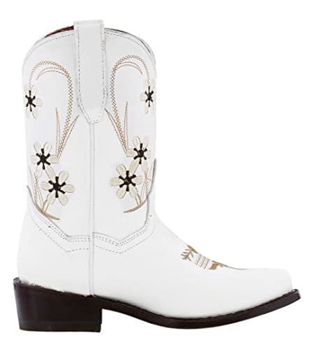 Kids White Flower Embroidered Western Cowboy Boots Snip Toe2