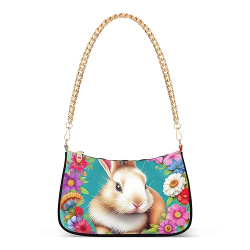 Cute Rabbit Floral Teal Ladies Shoulder Bag Floral for Women Classic Formal Purse Hobo Artistic Clutch Handbag Zipper Closure