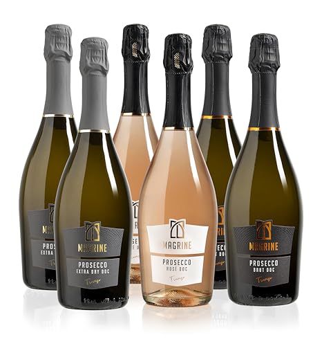 Magrine | Prosecco DOC Extra Dry, Rosé e Brut 'Il Mix di Gusti Perfetto' Wine-Box con 2 Bottiglie per Tipo di Spumante in Totale 6 Bottiglie da 750 mL di Prosecco DOC di Treviso
