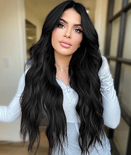 AISI HAIR Long Black Curly Wavy Wigs Middle Part Natural Looking Long Wavy Dark Wig for Women Synthetic Heat Resistant Fiber Wig for Daily Use