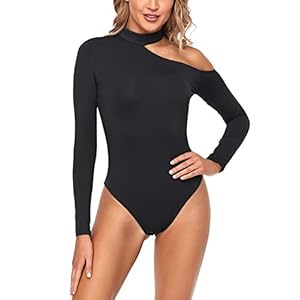 SEVEGO-Womens-Soft-Mock-Neck-Off-The-Shoulder-Crew-Neck-Bodysuit-with-Long-Sleeve-Short-Sleeve-Stretchy-Ribbed-Tops-Jumpsuit SEVEGO Women's Soft Mock Neck Off The Shoulder Bodysuit with Long Sleeve Stretchy Tops Jumpsuit, Black, M
