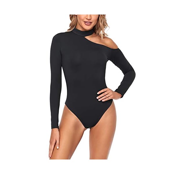 SEVEGO Women's Soft Mock Neck Off The Shoulder Bodysuit with Long Sleeve Stretchy Tops Jumpsuit, Black, M