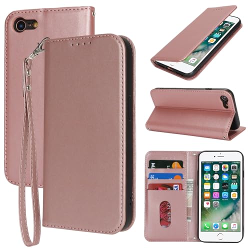 Jaorty Fit for iPhone SE 3rd 2022/SE 2nd 2020 Phone Case Wallet with Wrist Strap for Women Men,Wallet Case for iPhone 8/7 with Card Holder,Cash Pocket PU Leather Magnetic with Kickstand,4.7' Rose Gold