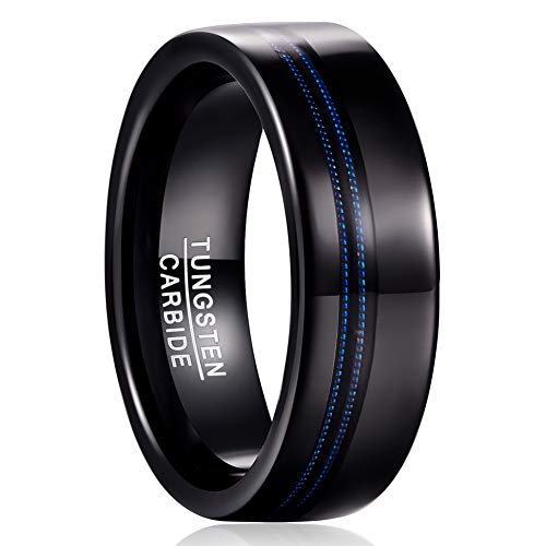 MEILING LINGMEI 8mm Black Tungsten Bands for Men Women Wedding Ring Blue Guitar Strings Inlay for Musicians High Polished Comfort Fit Size 11