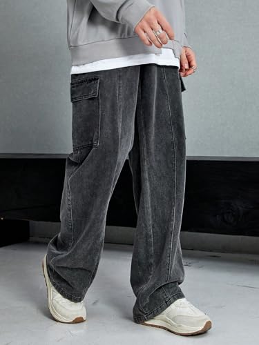 Image of KOTTY Men's Loose Fit Cargo Denim Jeans - Vintage Washed Utility Jeans with Side Pockets