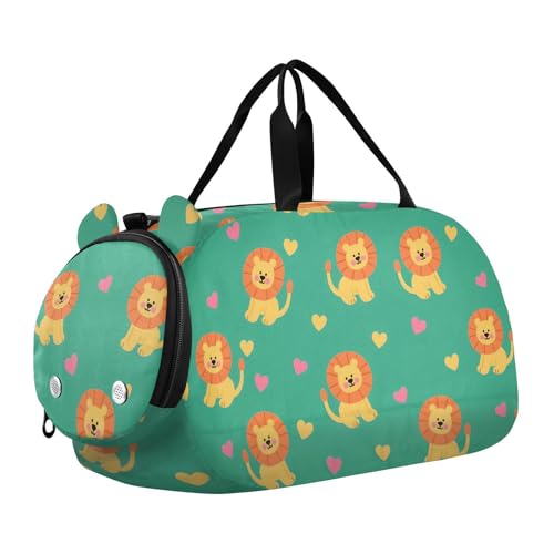 Duffle Bag for Boys or Girls with Shoes Compartment, Lion Green Background Sports Travel Bag Overnight