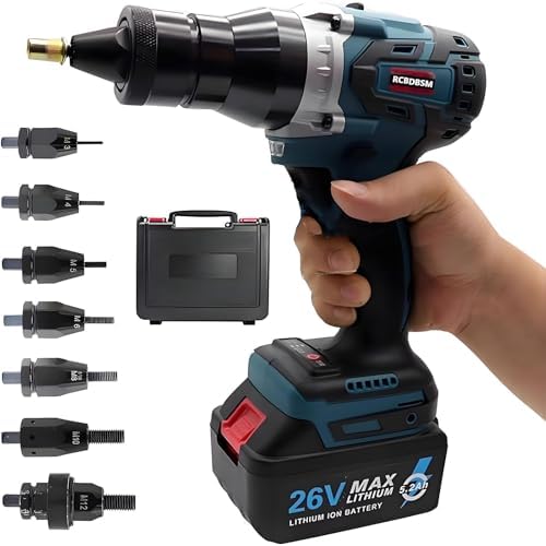 2-in-1 Cordless Electric Rivet Nut Gun Set - Automatic Riveter for M3-M12 - Portable Blind Riveting Tool for Quick Assembly & Fastening (Includes 5200mAh Battery)