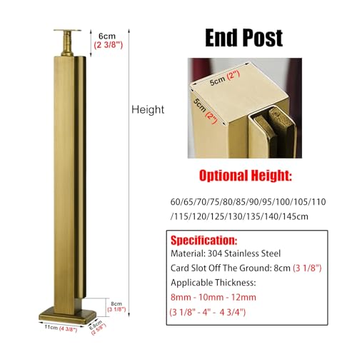 Poste de barandilla de vidrio dorado cuadrado de 110 cm para pasamanos de terrazas y escaleras 3