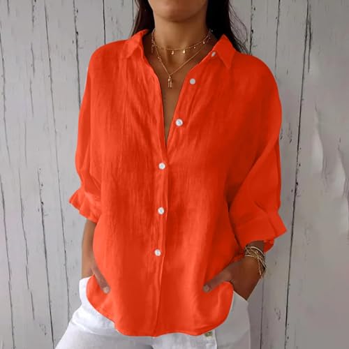VLOYSR Chemise Bouton de Manchette Manches 3/4 Basique Coton Lin Col V Boutons Femme Couleur Unie Chemisier Respirant Blouse Manche Courte Top Ete en Plein Air – vue 2