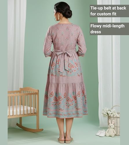 Image of DUMMY SHAPE Feeding Kurtis for Women Cotton Blend | Printed Pregnancy Flare Kurta with Dual Nursing Zippers to Pre & Post Partum | Maternity Dresses | Gifts for Pregnant Woman