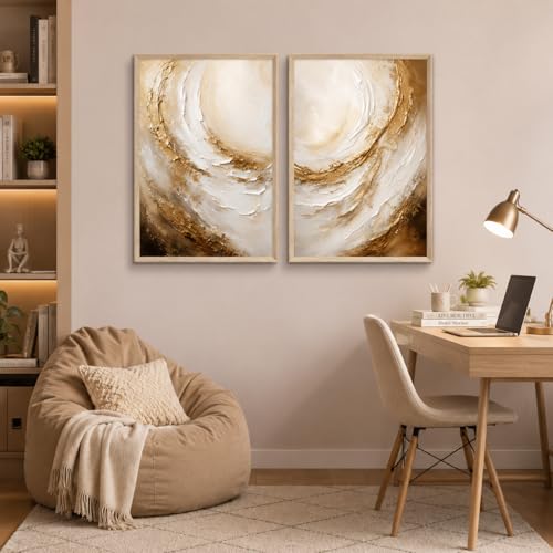 Image of Livin'luxe Set of 2 Golden Abstract Swirl Wall Photo with Frame for Living Room Bedroom Hall Office Decor, Premium Wooden Synthetic Frame Luxury Artwork Gift