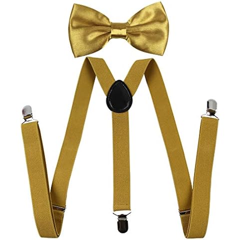 Men's Bow Tie and Y Shape Suspender Set Adjustable Elastic Solid Color, Gold, Middle(7-12 Months) Cover
