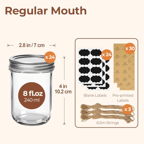Image of ComSaf Small Mason Jars 8 oz 24Pcs Bulk Set, Half Pint Regular Mouth Mason Jar with Lids and Seal Bands, Glass Canning Jars for Jam, Jelly, Spice, Meal Prep, Shower Wedding Favors, DIY Candles Decor