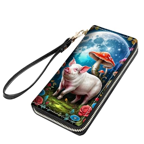 stmedazm Funny Pig and Mushroom Print Women Large Capacity PU Leather Zip Around Wallet, Multifunctional Clutch Purse for Cash/Card/Coin/Smart Phone