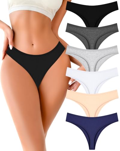 Image of FINETOO Cotton Thongs for Women Soft Low Rise Sexy Thong Ladies Panties Womens Underwear 6 Pack XS-XXXL
