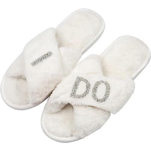 Bride Gifts – Cozy White Fur Bride Slippers and Pink Bridesmaid Slippers for Bridal Shower, Bachelorette Party, Engagement Party, Wedding Day