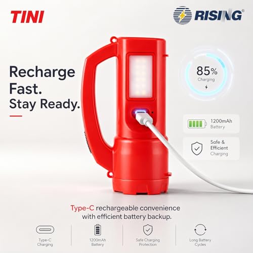 Image of RISING Tini 3W Rechargeable LED Flashlight with 1200mAh Li-ion Battery | Emergency Sidelight | 3 Lighting Modes | Compact Emergency Torch for Home, Travel, Camping & Power Cuts