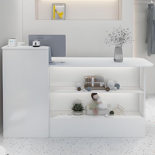 Escritorio de recepción frontal LED con cajones con cerradura, mostrador moderno para oficina, salón de belleza y vestíbulo, elegante escritorio pequeño con diseño iluminado