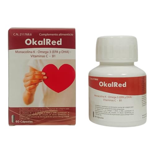 Levadura de Arroz Rojo con Monacolina K 2,9mg + Omega 3 EPA DHA + Vitamina C y B1 - Okalred Suplemento Natural para Control del Colesterol y Salud Cardiovascular - 60 Cápsulas