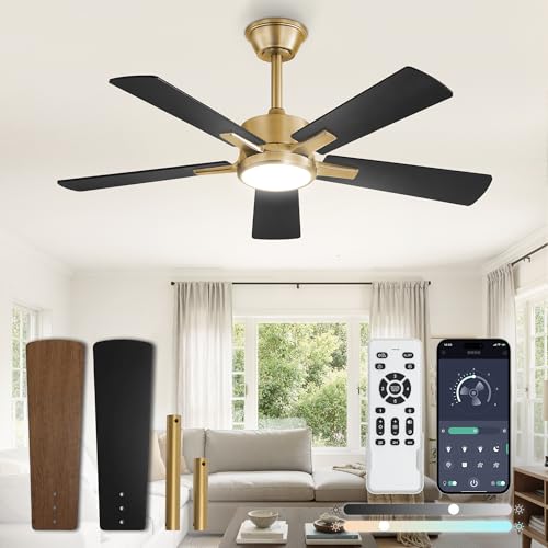 Image of Fanbulous 42 Inch Black and Gold Ceiling Fans with Lights and Remote, Stepless Color Temperature Change & Dimmable 20W LED Ceiling Fan, 6 Speeds Reversible Quiet DC Motor for Bedroom, Living Room