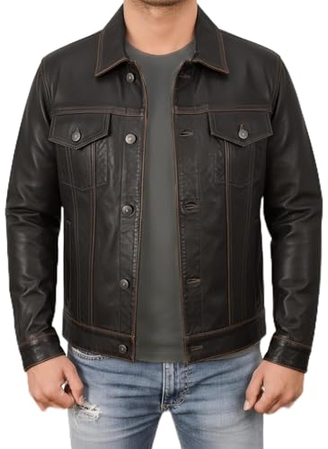 Image of Leather Trucker Jacket Men - Real Lambskin Shirt Style Vintage Fashion Mens Leather Jacket