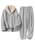 FSVABY Womens 2 Piece Fluffy Pajama Lounge Set Loose Pullover Pants Sleepwear with Pockets (Grey, Medium)