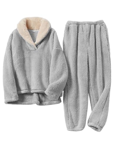 FSVABY Womens 2 Piece Fluffy Pajama Lounge Set Loose Pullover Pants Sleepwear with Pockets (Grey Medium)