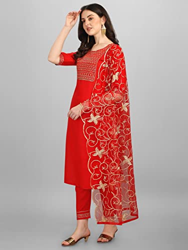 Image of VredeVogel Women Cotton Slub Straight Kurta Set With Pant and Net Embroidery Dupatta