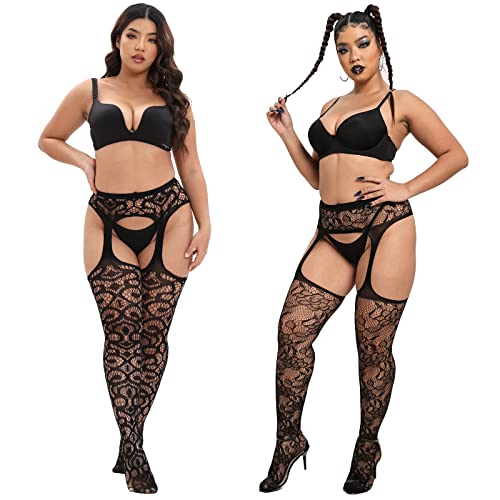 MANZI Plus Size Stockings Thigh High Fishnet Stockings Suspender Patterned Tights for Women (Pack of 2)3