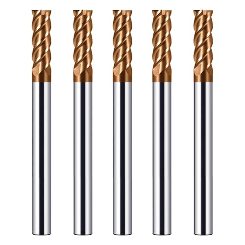 CREEYA 5PCS Hartmetall Schaftfräser 4mm, 4 Zähne/4 Schneiden CNC Fräser, HRC 55, TiSiN Golden Beschichtung, VHM Fräser CNC 8mm Für Stahl Metall Holz Acryl Kunststoff(4mm)