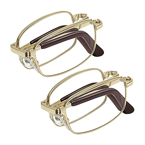 EFE Gafas de Lectura Plegables con Varillas Telescópicas con Estuche Portátil Rectangular Metal Acero Inoxidable - Lente Clara Marco Completo Dorado