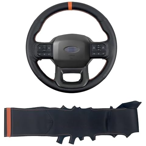 Hand-Stitch Steering Wheel Wrap Cover for 2021 2022 Ford F-150 F150 XL/XLT/Limited Interior Urethane Steering Wheel Protector Cover Accessories (Orange Marker) Cover