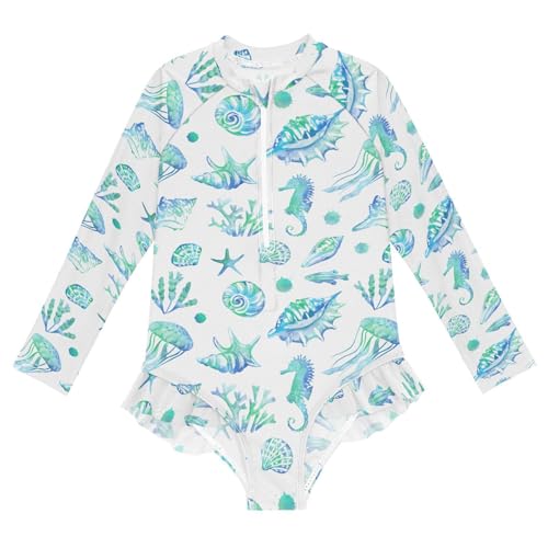 Girls Swimsuits Long Sleeve Bathing Suits Tropical Fish Seashells UPF 50+ Sun Protection Swimwear 3-12 Years