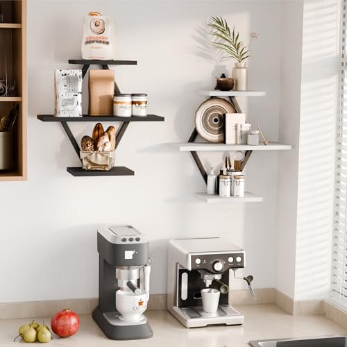 Image of Floating Shelves, Wall Shelf Set of 2, Wall Mounted Shelves, 3-Tier Hanging Wall Shelves for Bathroom, Living Room, Bedroom, Kitchen, Office (Black & White)