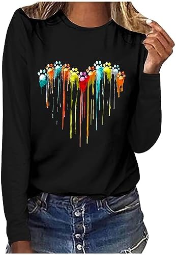 Dog Paw Love Heart Print T-Shirt for Women Long Sleeve Cute Graphic Tees Tops Crewneck Shirts Dog Paw Love Heart Print T-Shirt for Women Long Sleeve Cute Graphic Tees Tops Crewneck Shirts