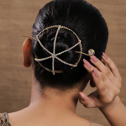 Image of Hair Bun Cage Accessory for Women | Handcrafted Brass Juda Cover with Stick | Anti-Tarnish Traditional Hair Accessory for Wedding & Festive (Rhinestone Hair Bun (Golden))