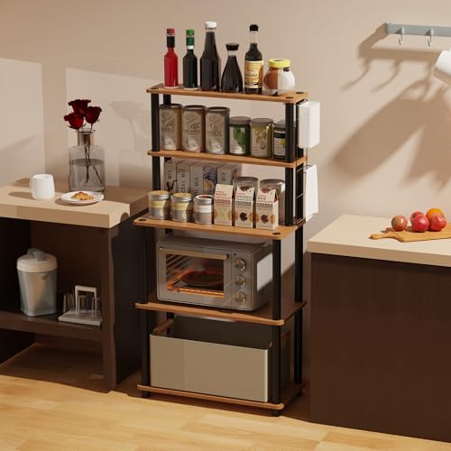 Image of HOME CUBE Engineered Wood,Plastic 5 Layer Kitchen Microwave Stand,Microwave Oven Rack,Baker's Rack,OTG Stand,Kitchen Storage Rack with Shelves,Spice,Space Saving Storage Organizer(60.5x40x118cm)