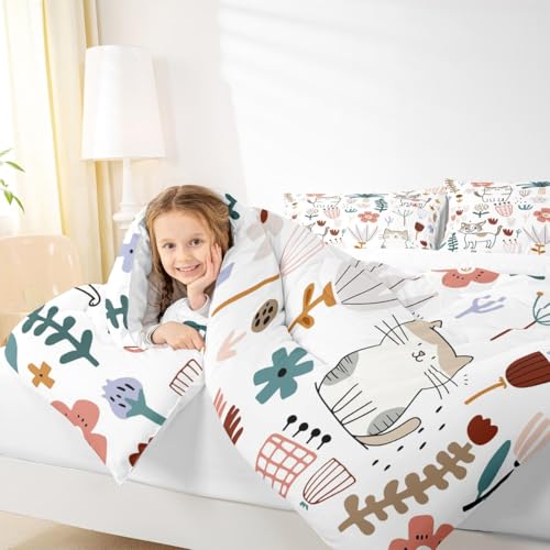 Image of Feelyou Cat Comforter Set - Toddler Size, Cute Kitten Print Duvet Set for Kids, Cat Lover's Animal Botanical Plant Room Decor