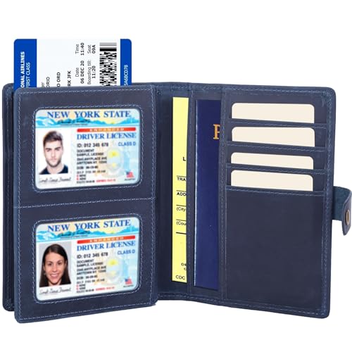 STAR VISTA Cosimo Leather Passport Holder for Exquisite Voyagers or Pilots, Transparent Windows for Travel Document & Dual IDs, RFID Blocking, 2 Passports, 2 IDs, 8 Cards, AirTag Slots, Navy Blue
