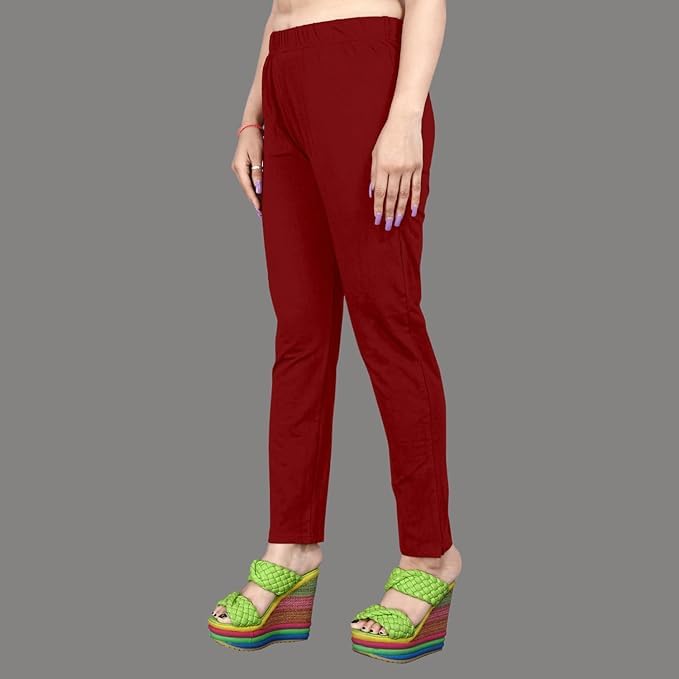 Image of Women's Solid Cotton Lycra Pants-High Waist Slim Fit Stretchable Leggings - Comfortable Long Trousers for Casual, Office & Everyday Wear