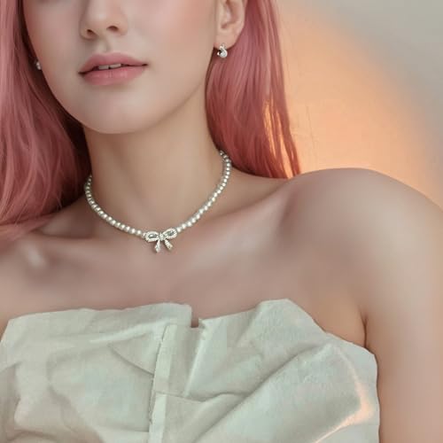 Bow Necklace Boho Butterfly Trendy Dainty Choker Sparkly 5MM Fake String Of Pearls Nice Chunky Short Crystal Rhinestone Bow Butterfly Pendant Necklace for Women Wedding BirthdayProm Party Bar2