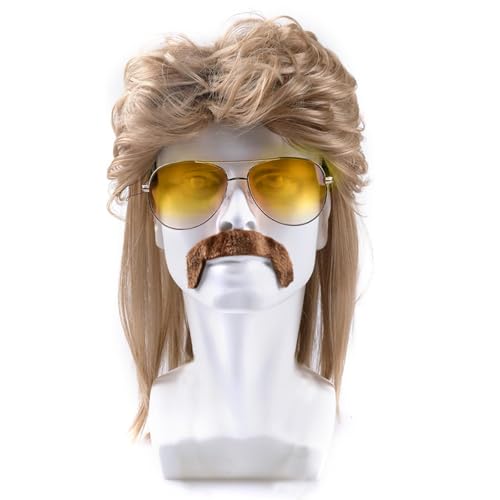 Bettinay Brown 80s Mens Wig, Retro Pop Rock Curly Mullet Wigs for Men