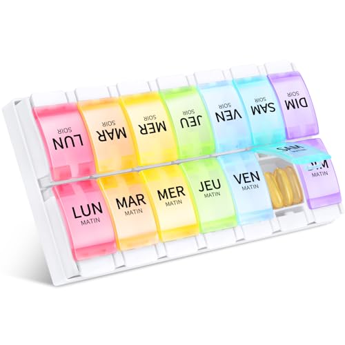 Opret Pilulier Semainier Français 7 Jours Matin et Soir, 14 Compartiments une Boîte à Médicaments Grande Capacité Pilules Facile à Ouvrir - Colorée